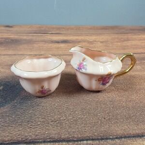 Foreign Creamer and Sugar Bowl Set Pink Floral Gold Trim Excellent Vintage Decor